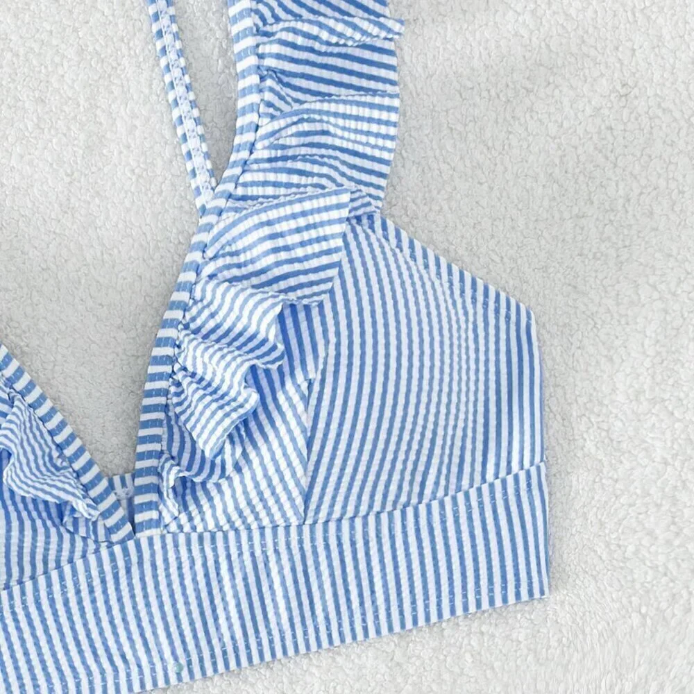 Blue and White Boho Womens Swim Summer Beach Striped Ruffle Trim Bikini Swimsuit